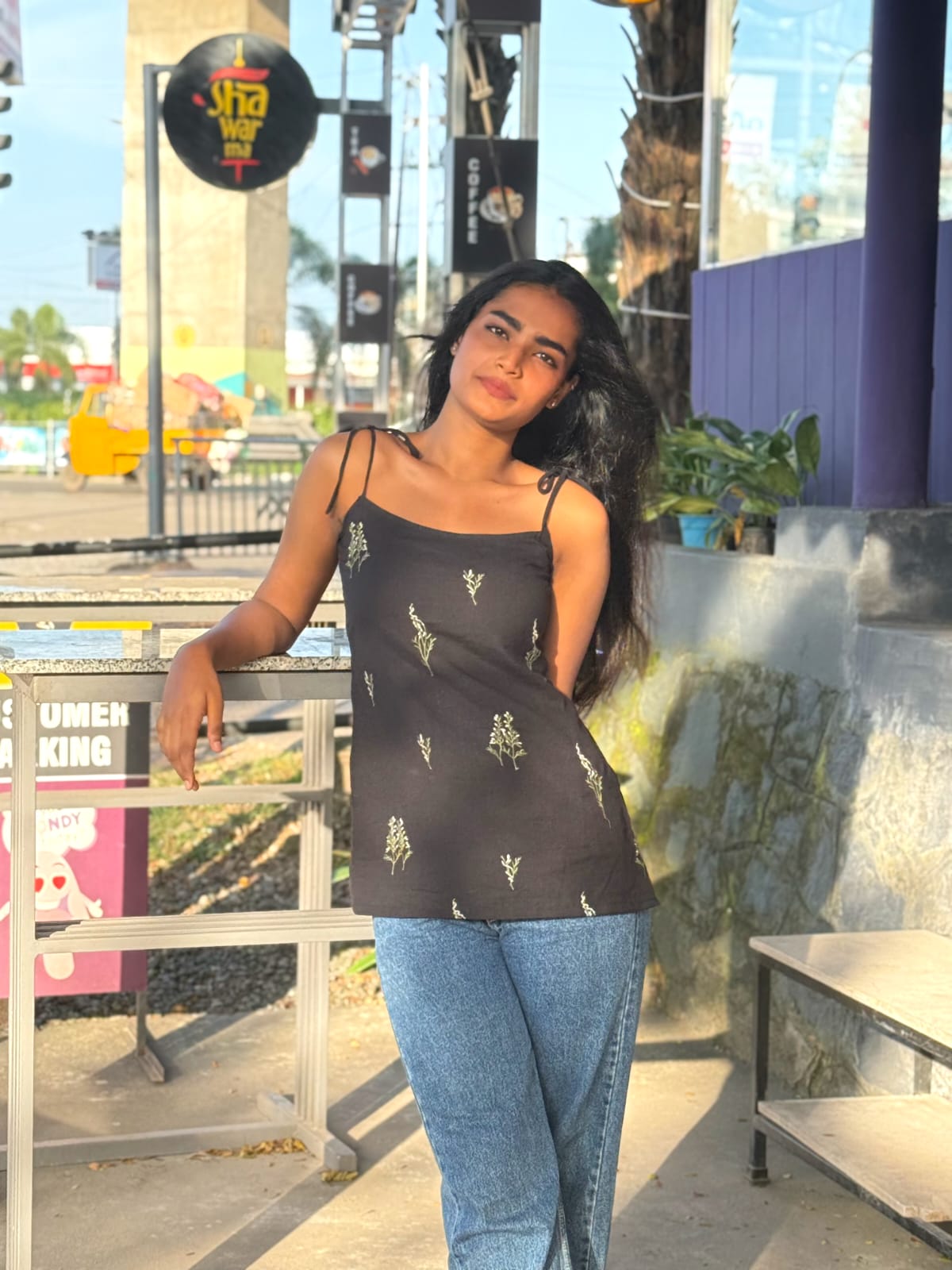 Black Printed Sleeveless Casual Top for Women