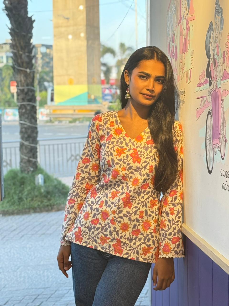 Women’s Full Sleeve Floral Cotton Top – Red & Orange Print